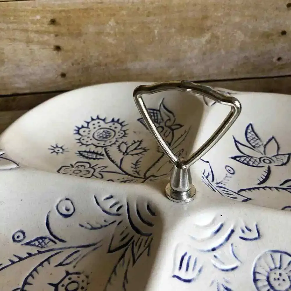California Pottery Vintage White & Blue Floral Divided Serving Tray - Ceramic